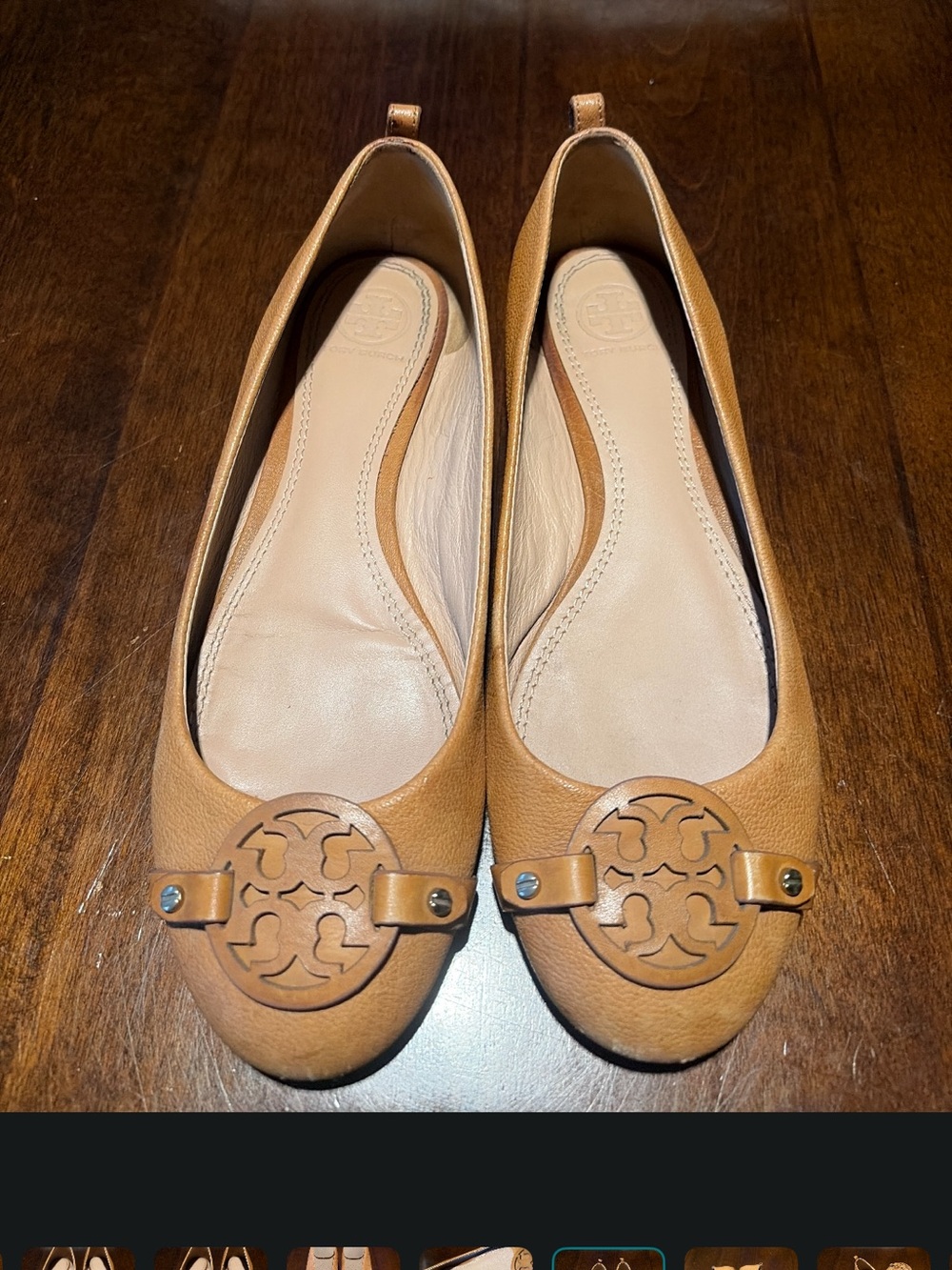 Tory Burch Cognac Leather Logo Round-Toe Ballet Flats